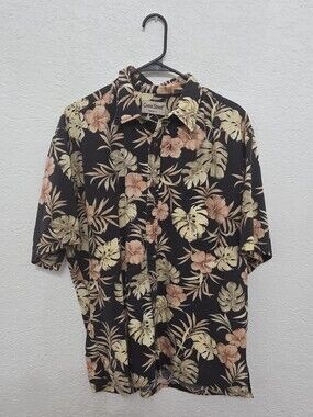 Cooke Street Honolulu Tropical Floral Button Up Shirt in Black & Peach XL